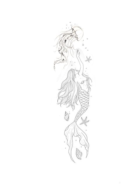 Mermaid Wrist Tattoos For Women, Mermaid Tattoos For Men Ideas, Siren Spine Tattoo, Spine Tattoos Mermaid, Thigh Mermaid Tattoo, Mermaid Sketch Tattoo, Mermaid Jellyfish Tattoo, Mermaid Spine Tattoos For Women, Mermaid Shark Tattoo