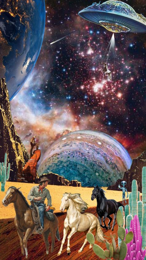 #vintage #space #spacecowboy #alien #aesthetic Space Cowboy Wallpaper Iphone, Desert Alien Aesthetic, Cosmic Cowgirl Aesthetic, Cowboy Vs Aliens Party, 70s Space Aesthetic, Western Alien, Intergalactic Aesthetic, Galactic Cowboy, Space Cowboy Aesthetic