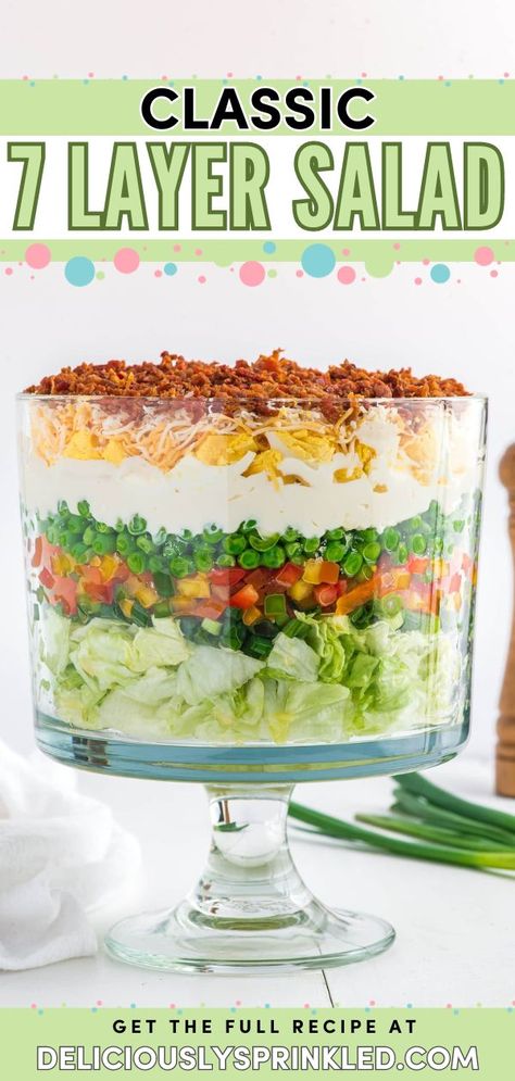 Nothing beats the Classic 7 Layer Salad! Packed with textures and flavors, it's an easy Thanksgiving side dish everyone will love. Put this layered salad recipe on your Thanksgiving dinner party menu! Easy 7 Layer Salad, Easter Salad, 7 Layer Salad, Holiday Dinner Recipes, Layer Salad, Seven Layer Salad, Layered Salad Recipes, Christmas Side, Spring Salad Recipes