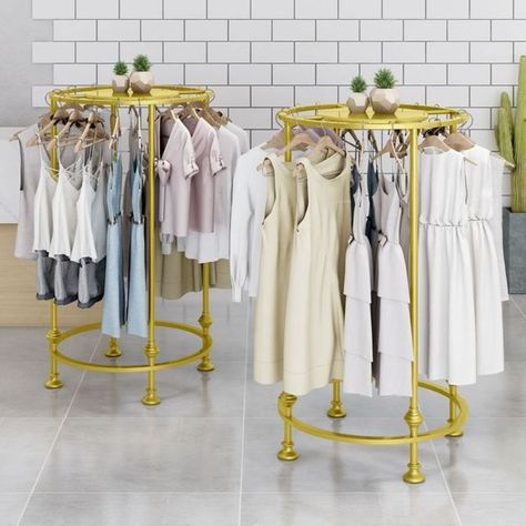 Clothes Display Design, Clothes Rack Design For Shop, Racks Design Display For Shop, Clothing Racks For Boutique, Circular Clothing Rack, Boutique Hangers Clothing Racks, Boutique Clothing Rack, Cloth Hanger Stand, Clothing Rack Brass