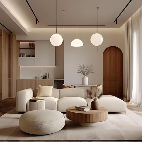 Embraces a modern minimalist Japandi approach, where simplicity and functionality converge to create an elegant and serene living space in a small apartment in Tokyo. The room is defined by its clean lines, neutral colour scheme, and an abundance of natural light that enhances the sense of openness. White upholstered seating provides a crisp contrast to the warm wooden accents seen in the center tables and the arched doorway, adding a touch of timeless charm. Strategic lighting, including sph... Basic Living Room Designs, Japandi Interiors Hdb, Japandi Living Room Design Small Apartment, Japandi Interiors Apartment, Japan Style Apartment, Small Apartment Japandi Style, Japandi Condo Interior, Japandi Living Room Small Apartment, Japandi Style Apartment