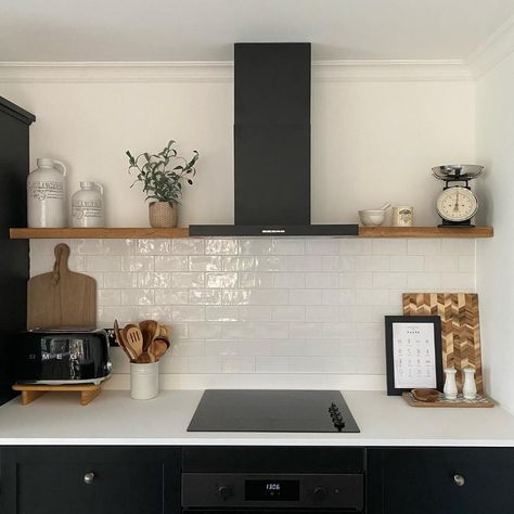 Which do you prefer… Open shelving or wall units in a kitchen? Because we went for a black kitchen in a fairly small space, the wall… | Instagram Kitchen Interior With Shelves, Kitchen Open Shelving Extractor, Kitchen Cooker Hood Ideas Open Shelves, Kitchen Wall Cabinet Ideas Open Shelving, Black Extractor Hood, Black Kitchen Open Shelving, Kitchen Shelves Next To Extractor, Floating Shelves Kitchen Next To Hood, Above Cooker Shelf