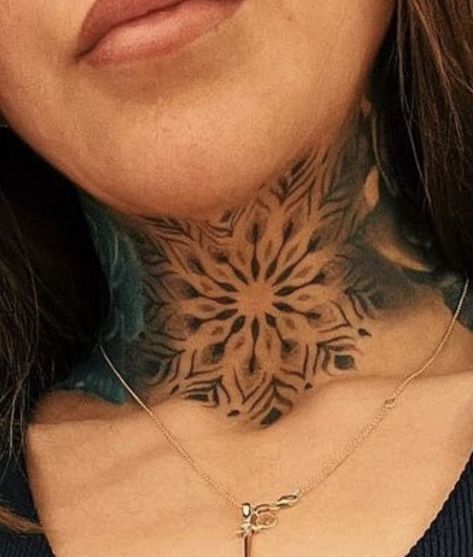 Center Neck Tattoos Women, Neck Tattoos Women Mandala, Mandala Throat Tattoo For Women, Throat Mandala Tattoo, Woman Throat Tattoo, Mandala Neck Tattoo For Women, Mandala Throat Tattoo, Neck Throat Tattoos Women, Feminine Throat Tattoos