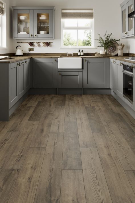 Slate Grey Shaker Kitchen, Grey And Wood Kitchen Ideas, Dark Oak Floors Kitchen, Kitchen Design Grey And Wood, Grey Brown Flooring Kitchen, Grey Kitchen Oak Floor, Grey Oak Flooring Kitchen, Grey Kitchen With Wooden Floor, Gray Kitchen Flooring Ideas Laminate