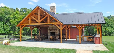 Timber Framed Pole Barn 2 L Shaped Pavilion, Pavillion Backyard, Metal Pavilion, Barn Pool House, Pole Barn Ideas, Outdoor Pavillion, Barn Pool, Timber Frame Porch, Fireplace Dining