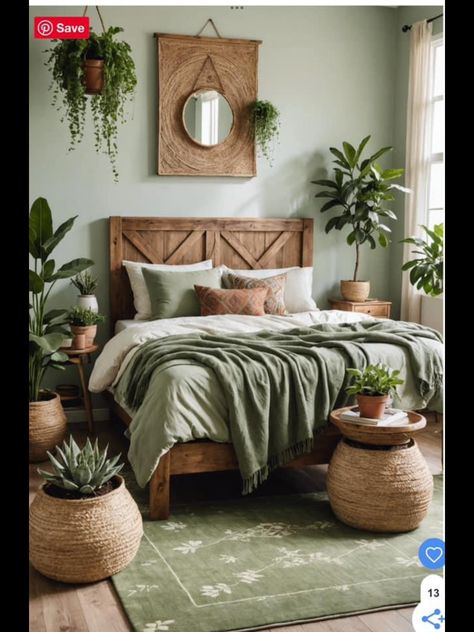 Wood And Sage Bedroom, Ikea Green Bedroom, Light Green And Tan Bedroom, Sage And Gold Bedroom Ideas, Brown And Sage Green Bedroom, Sage Green Boho Bedroom Ideas, Fern Green Bedroom, Boho Chic Bedroom Vintage, Sage Green Rooms