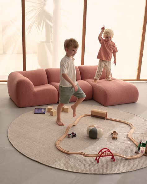 1977 Mini | New fabric colours now available⁣ ⁣ A children's-sized version of the best-selling 1977 Sofa, the 1977 Mini is ideal for bedrooms or playrooms. Machine-washable, removable covers are perfect for easy-care. Shop the new fabric colours in showrooms and online.⁣ ⁣ Featuring⁣ 1977 Mini in Leura Biscotti, Pinot Noir, Rose, Pewter, Ocean⁣ Issho Side Table - American Walnut⁣ Pallino Portable Table Lamp in Black⁣ Cottesloe Round Rug in Natural Trendy Sofas, Mini Sofa, Portable Table Lamp, Modular Sofas, Perfect Sofa, Kids Sofa, Play Shop, Portable Table, Kid Table