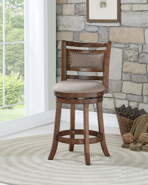 PRICES MAY VARY. Quality Wood Construction: Barstool crafted of solid wood with comfortable high-density foam upholstered seat cushions in 100% Polyester Brown Fabric. 360° Swivel Counter Height Chair: Smooth and Even Premium Ball Bearing rotation in either direction for effortless rotation Traditional Styling: 24" Counter Height Swivel Bar Stool with Flared Solid Wood Legs, Brown Finish, Padded Backrest framed with nailhead trim. Warranty: This product comes with a 1 Year Limited Warranty again Pub Stools, Counter Height Stool, Entry Decor, Swivel Counter Stools, Swivel Bar Stool, Counter Height Stools, Pub Table, Swivel Bar Stools, Commercial Furniture