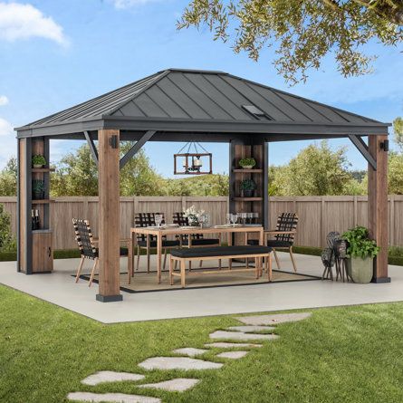 Sunjoy SummerCove Elmgrove 12 ft. x 14 ft. Solar Powered Hardtop Gazebo with LED Lighting & Bluetooth Sound | Wayfair Outdoor Structure, Grill Gazebo, Hardtop Gazebo, Backyard Gazebo, Gazebo Pergola, Outdoor Gazebos, Patio Gazebo, Wood Patio, Outdoor Kitchens