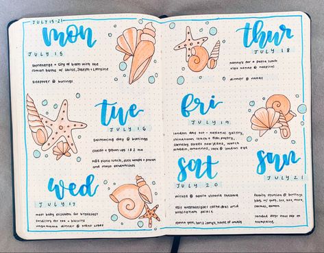 July, Summer, Beachy, Seashell, Coral Pink, Blue, Seaside, Ocean, Beach, Theme, Bullet Journal, Bujo Bujo Seashell Theme, Ocean Theme Bullet Journal, Bujo Beach Theme, Bujo Ocean Theme, Summer Bujo Themes, Bullet Journal Beach Theme, Bullet Journal Summer Theme, Beach Bujo, Bullet Journal 1st Page