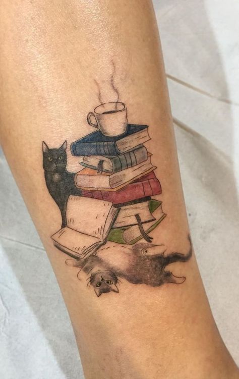 Realistic Book Tattoo, Books And Cat Tattoo, Cat Reading Book Tattoo, Cat Book Tattoo Ideas, Books And Coffee Tattoo, Cat On Books Tattoo, Cat And Book Tattoo, Book Flower Cat Tattoo, Book Inspired Tattoos