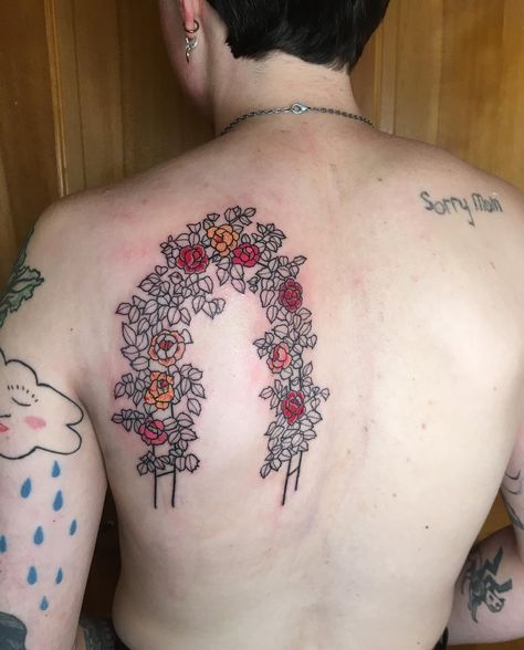 Floral arch tattoo Floral Arch Tattoo, Plant Archway, Archway Tattoo, Arch Tattoo, Back Arch, Plant Tattoos, Ancient Tattoo, Flower Arch, Plant Tattoo