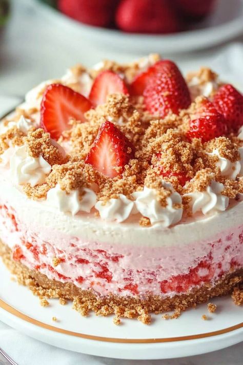 No-Bake Strawberry Crunch Cheesecake No Bake Strawberry Crunch Cheesecake, Strawberry Cheesecake Recipe Easy, Strawberry Cheesecake No Bake, Strawberry Crunch Topping, Cinnamon Bun Cake, Strawberry Crunch Cheesecake, Crunch Cheesecake, Crunch Topping, Strawberry Crunch Cake