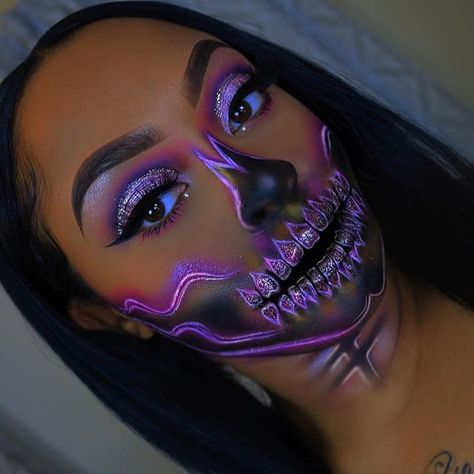 Halloween Makeup Ideas  @sydneylilian  ・・・    Glam Neon Half Skull, of course I had to add glitter! I just doubled the outline and added my own flavaa to it My FIRST EVER Halloween look, it was fun to do! I just used things that I already had laying around, I hope you guys like it   Inspired by @jamescharles     @elfcosmetics brows  @tartecosmetics shape tape “tan sand”  All colors are from @morphebrushes 35B ( eyes&face )  I used @wetnwildbe Meme Costume, Halloween Makeup Look, Fantasy Make-up, Halloween Make-up Looks, Halloweenský Makeup, Holloween Makeup, Halloween Makeup Diy, Skeleton Makeup, Halloween Eye Makeup