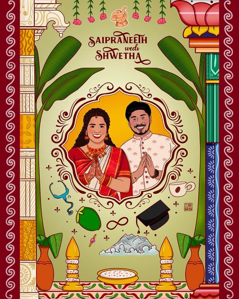 🌸 Saipraneeth and Shwetha’s Invite is here! 🌸 I had a blast incorporating the two important temples from their home states into this design. With fun doodles and a quirky pose, they’re all set to greet you in style! I hope you like this ✨ Dm to book the slots 💌 @aguywithbrush #caricature #weddinginvitations #indianweddinginvitation #twostateswedding #invitations #einvites #savethedate #southindianweddings #creativeinvitation #uniqueinvitations Wedding invite invitation save the date e... Quirky Pose, Groom Cartoon, Cartoon Wedding Invitations, Wedding Illustration Card, Caricature Wedding Invitations, Cartoon Wedding, Bride And Groom Cartoon, Fun Doodles, Wedding Illustrations