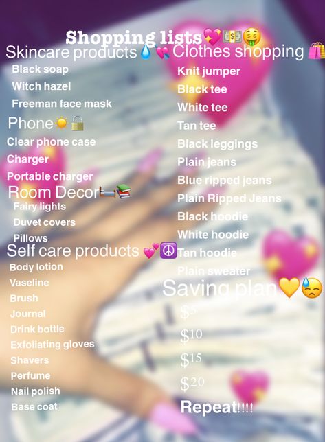 Shopping list 2019-2020 Personal Care Shopping List, Baddie Self Care Shopping List, What To Get At The Mall Shopping, Shopping Spree List, Baddie Essentials List Clothes, Beauty Supply Store Shopping List, Baddie Shopping List, Selfcare Shopping List, Baddie Essentials List