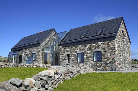 In touch modern stone cottage Ireland Cottage Extension, Stone Cottages, Glass Extension, Glass Staircase, Irish Cottage, Cottage Renovation, Cottage Exterior, Luxury Cottage, Stone Cottage