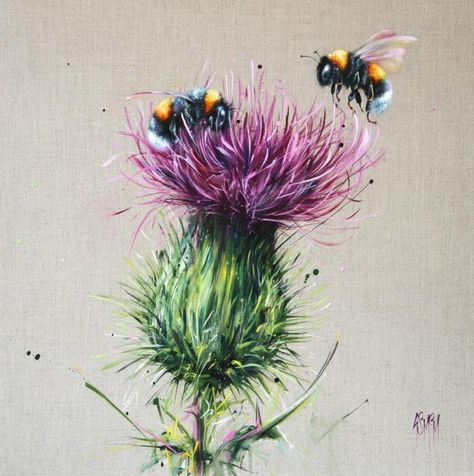 Georgina McMaster - Drouthy Neebors II Bumble Bee And Thistle Tattoo, Thistle Tattoo, Bee Painting, Thistle Flower, Bee Tattoo, 수채화 그림, Bee Art, Arte Animal, Double Trouble