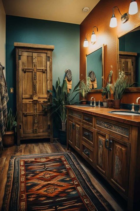 Cool Toned Bathroom Ideas, Ranch Style Bathroom Decor, Native American Bathroom Ideas, Dark Rustic Bathroom Ideas, Western Inspired Interior Design, Western Paint Ideas Wall Colors, Southwest Inspired Bathroom, Old Western Style House, Western Style Bathroom Ideas