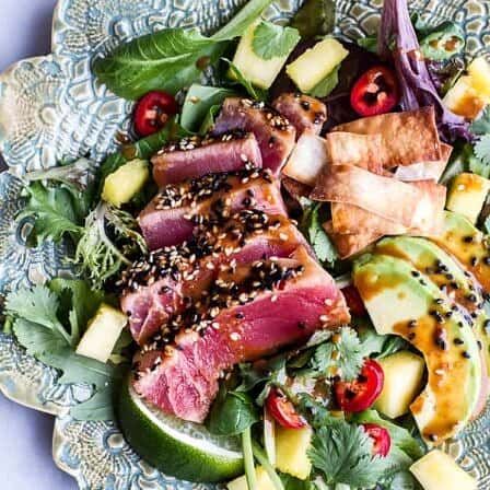 greens 1/2 cup fresh cilantro 1 cup fresh pineapple diced 1 avocado, sliced 1 jalapeno or red chile sliced Tuna Poke Salad, Wonton Crisps, Ahi Tuna Salad, Ginger Vinaigrette, Seared Ahi Tuna, Poke Salad, Ahi Tuna Poke, Tuna Poke, Seared Ahi