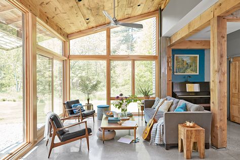 Adding Sunroom To Front Of House, Atrium Room Ideas, Cottage Sunroom Exterior, Sunroom Office Combo, Sunroom Picture Window, California Sunroom Ideas, Modern Four Season Room, Open Sunroom Ideas, L Shaped Sunroom