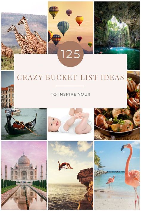 125 crazy bucket list ideas to inspire you as you make your own bucket list. From adventure filled bucket list ideas to keep you on your toes. Fun animal and nature bucket list activities. Plus several relationship bucket list ideas to build bonds! There are even a few food bucket list suggestions for the foodies out there. Bucket List Ideas Funny Crazy, Humour, Nature, Weird Bucket List Ideas, Bucket List Ideas Poster, Bucket List Experiences, Unique Bucket List Ideas, 25 Before 25 Bucket List, Crazy Bucket List Ideas