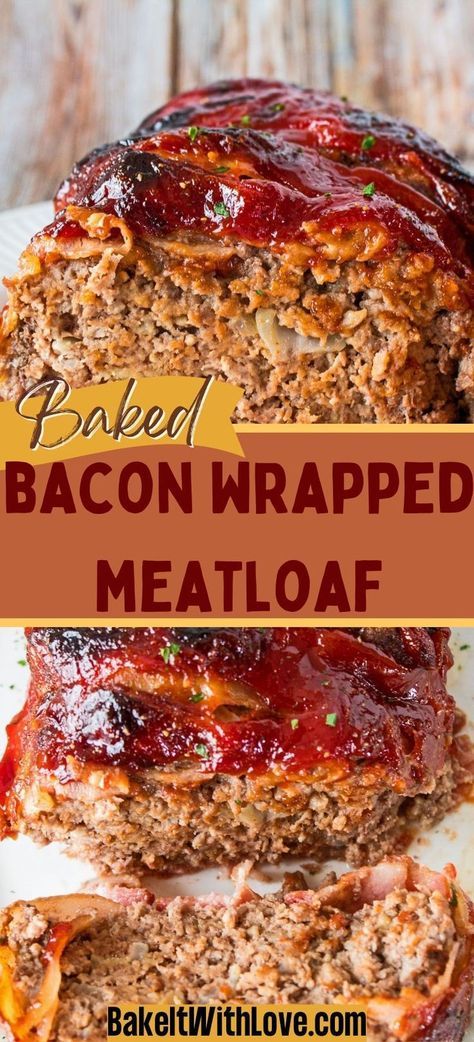 My bacon-wrapped meatloaf is the ultimate comfort food, combining the savory goodness of traditional meatloaf with a crispy bacon exterior. This dish boasts a juicy, flavorful interior that's perfectly seasoned and wrapped in smoky, crispy bacon. Whether you're looking for a hearty family meal or an impressive dish for guests, this bacon-wrapped meatloaf will not disappoint. #ComfortFood #BaconLover #MeatloafRecipe #DinnerIdeas #HomeCooking Meatloaf With Bacon On Top, Bacon Meatloaf Recipes, Meatloaf With Bacon, Ground Beef Meatloaf, Savory Meatloaf, Bacon Meatloaf, Bacon Wrapped Meatloaf, Traditional Meatloaf, Chicken Meatloaf