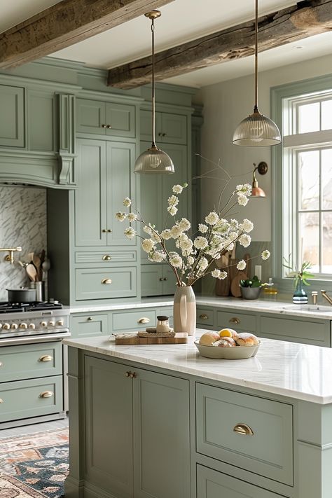 Aesthetic Green Kitchen, Green Kitchen Ideas Decor, Light Green Kitchens, Colours That Go With Green, Colourful Kitchen Cabinets, Full Wall Kitchen Cabinets, Colourful Cabinets, Coloured Kitchen Cabinets, Kitchen Colours Ideas