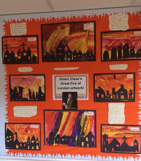 My Great Fire Of London art display - Spring 2015 Bright Lights Big City Ks1, Great Fire Of London Ks1 Art, Great Fire Of London Display, Great Fire Of London Ks1 Activities, Great Fire Of London Ks1, Kids Firefighter Costume, Year 1 Art, Year 2 Art, Primary History