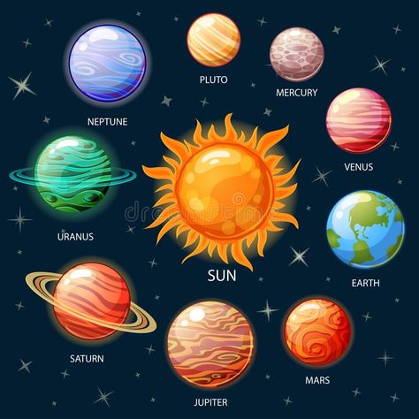 Planets of the solar system. Sun, Mercury, Venus, Earth, Mars, Jupiter, Saturn, Uranus, Neptune, Pluto stock illustration Solar System Mercury, Planets Around The Sun, Pictures Of The Planets, Mercury Drawing Planet, Planets Drawing Solar System, Solar System Painting Easy, Sun In Solar System, Mercury Planet Art, Venus Planet Art