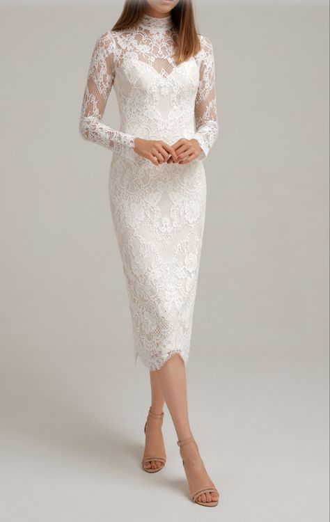 #chicagowedding #longdress #classy #viero #bridal #elegantdresses #inspiration #fashion #dreamwedding #style #bridalfashion #weddingplanning #weddingphotography #gowns #shesaidyes Civil Union Dress, Long Sleeve Midi Wedding Dress, Viero Bridal, Simple Engagement Dress, White Lace Long Sleeve Dress, Weddings Dresses, High Neck Lace Dress, Midi Wedding Dress, Elegant White Dress