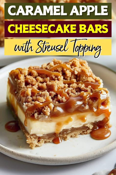 If you love apple orchards and cheesecake, these caramel apple cheesecake bars with streusel topping and caramel sauce are about to blow your mind. Apple Caramel Bars, Fall Desserts With Apples, Caramel And Apple Desserts, Caramel Apple Streusel Bars, Carmel Apple Recipe Desserts, Coffee Cheesecake Bars, Apple Strudel Cheesecake Bars, Apple Topping For Cheesecake, Carmel Apple Bars Easy