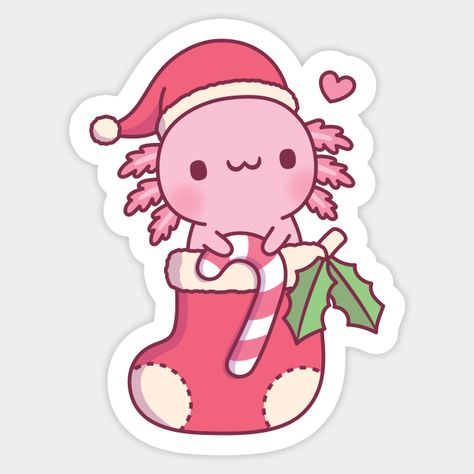 A cute axolotl holding a candy cane while in a Christmas stocking. Kawaii doodle for axolotl lovers and axolotl pet owners for the Christmas season! ♥ -- Choose from our vast selection of stickers to match with your favorite design to make the perfect customized sticker/decal. Perfect to put on water bottles, laptops, hard hats, and car windows. Everything from favorite TV show stickers to funny stickers. For men, women, boys, and girls. Christmas Stickers Printable, Kawaii Doodle, Axolotl Cute, Cute Axolotl, Kawaii Christmas, Christmas Doodles, Cute Doodles Drawings, Arte Sketchbook, Kawaii Doodles