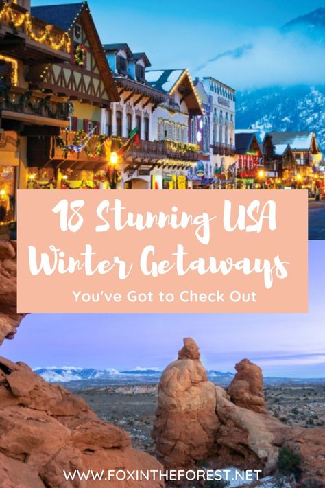 The top places to go in the USA in winter. Amazing winter getaways in the USA that are absolutely stunning. Missouri Winter Getaways, Winter Cabin Vacation, Winter Birthday Trip Ideas, December Weekend Getaway, Midwest Winter Getaways, Winter Vacation Destinations, Romantic Winter Getaways In The Us, January Travel Destinations Usa, Christmas Travel Destinations Usa