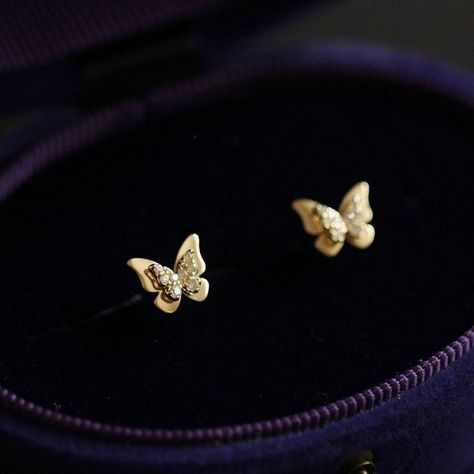 Gold Butterfly Jewelry, Real Gold Earrings, Gold Earrings For Kids, Small Earrings Gold, Double Butterfly, Butterfly 3d, Jewelry Kids, Simple Gold Earrings, Mini Butterfly