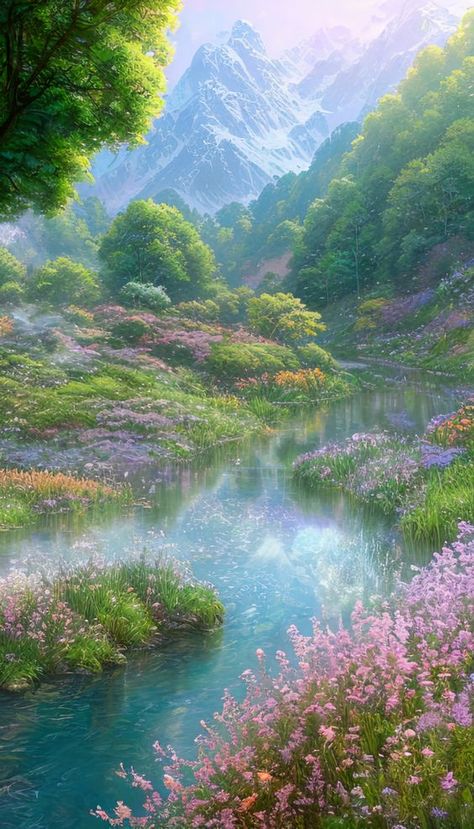 Beautiful Green Aesthetic, Tree Drawing Landscape, Fantasy Spring Landscape, Cool Aesthetic Pictures For Wall, Colorful Nature Aesthetic, Digital Nature Art, Landscape Design Paintings, Beautiful Nature Painting, Calm Art Aesthetic