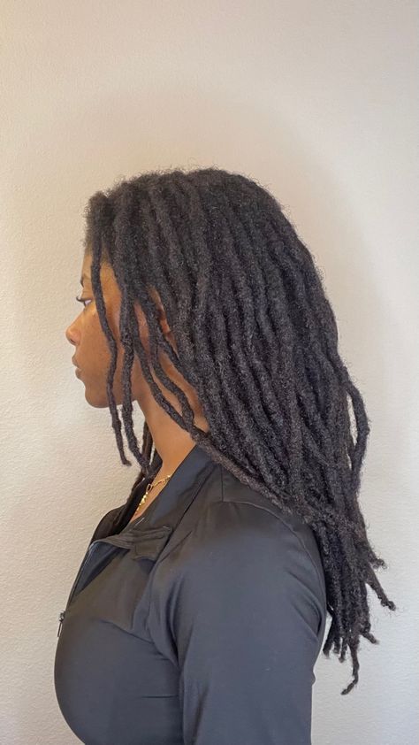 Black woman with locs side profile black hair wearing black top 4c hair Loc For Black Women, Locs Black Women 4c, Long Locs Aesthetic, New Growth Loc Styles, Healthy Locs Black Women, Long Black Locs, Women With Long Locs, Low Density Locs, Long Thick Locs