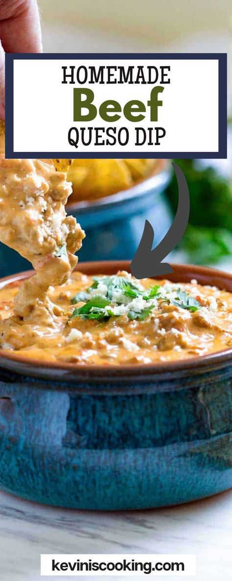 Looking to take your next party up a notch? Serve up this Homemade Beef Queso Dip recipe! It’s so easy to make and tastes much better than store-bought versions. Made with Pepper Jack and sharp cheddar cheeses, it’s ooey, gooey, and delectable! This dip only takes about 10 minutes to prep and under 20 minutes to bake up and become cheesy as can be. You can keep things simple and serve with your favorite tortilla chips, but there are so many other ways to enjoy it! Beefy Queso, Beef Queso Dip, Creamy Chili, Chili Cheese Dip, Queso Dip Recipe, Beef Dip, Chili Cheese Dips, Queso Dip Recipes, Queso Dip