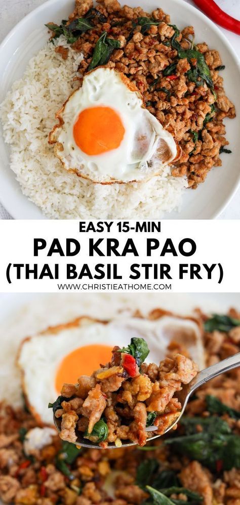 Pad Kra Pao (Thai Holy Basil Stir-Fry). If you love Thai food, you must try this savory meat stir-fry with holy basil, red chilis, garlic and shallots! This popular Thai dish is ready in 15 minutes with simple ingredients and is so delicious! Thai Chilli Basil Chicken Stir Fry, Healthy Asian Stir Fry, Kra Pow Chicken, Pad Krapow Gai, High Protein Thai Food, Pad Kra Pow Recipe Thai Basil Chicken, Thai Meal Ideas, Pad Gra Pow Thai Basil Chicken, Recipes With Thai Basil