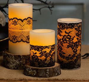 Lace Candles, Elegant Halloween Decor, Battery Powered Candles, Candles Diy, Diy Halloween Decor, Martha Stewart Crafts, Elegant Candles, Elegant Halloween, Candle Displays