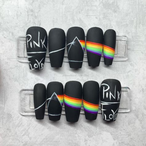 Rainbow Press On Nails, Pink Floyd Nail Art, Pink Floyd Nails, Rock Nail Art, Rock Nails, Rainbow Nails Design, Witch Nails, Band Nails, Mens Nails