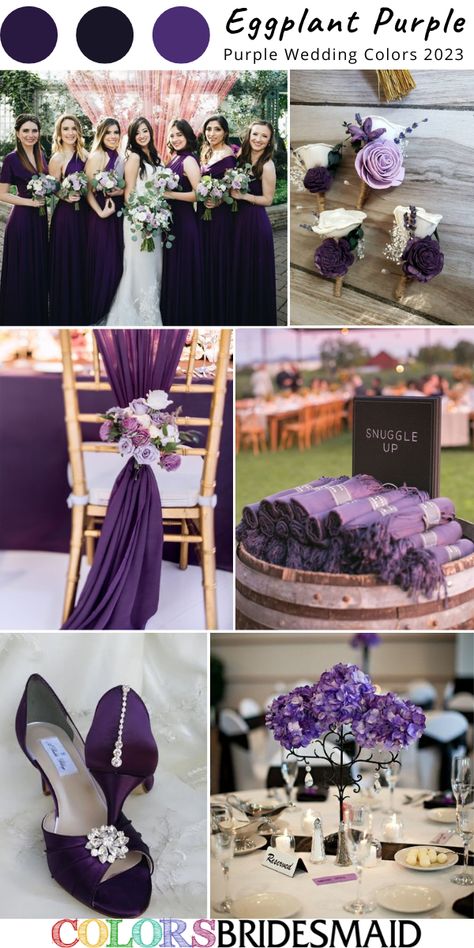 Best 8 Purple Wedding Color Scheme for 2023 - ColorsBridesmaid Spring Wedding Colors Purple, Purple Rustic Wedding Decor, Dark Purple Wedding Ideas, Purple Wedding Ideas On A Budget, Dark Romantic Wedding Color Schemes, Purple Wedding Color Schemes, Violet Wedding Theme, Navy And Purple Wedding, Purple Christmas Wedding