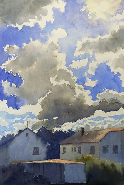 Original realism painting by Efi Fried (Germany). This one-of-a-kind watercolor on paper painting measures 19.7W x 29.5 H inches, and is framed. The landscape painting ships in a tube directly from the artist's studio and is covered by the 14-day satisfaction guarantee from Saatchi Art, so you can buy with confidence. Croquis, Watercolor Paintings Detailed, Storm Watercolor Painting, Realism Watercolor Paintings, Germany Watercolor Painting, Light Watercolor Painting, Watercolor Painting Ideas Landscape, Sky Art Painting Watercolor, Watercolor Sky Paintings