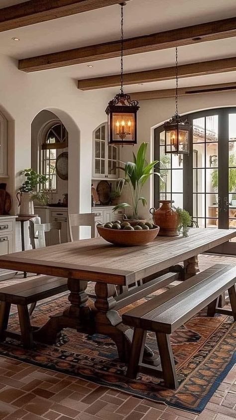 Spanish Style Homes Interior Dining Room, Dining Room Decor Spanish Style, Hacienda Dining Table, Spanish Style Dining Room Table, Hacienda Style Dining Room, Mexican Modern House Interiors, Hispanic Style Home, Spanish Style Farmhouse, Track Home Remodel