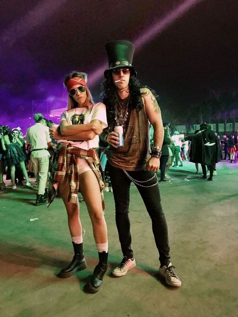 80s Couples Halloween Costume, Slash Axl Rose Costume, Axl Rose Halloween Costume, Motorcycle Gang Costume, Slash And Axl Costume, Rock Star Halloween Costumes, Rock Of Ages Outfits, Music Halloween Costumes, Slash And Axl Rose