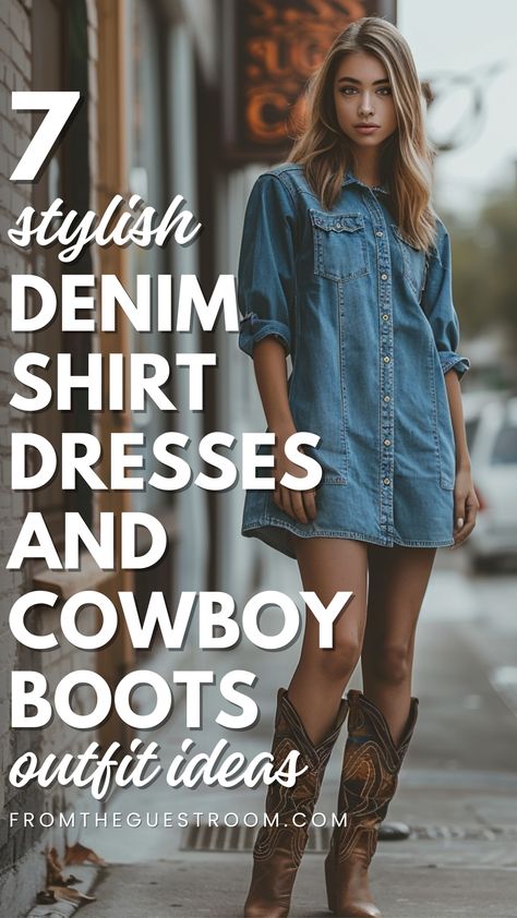 a woman wears denim shirt dress and cowboy boots, western outfits How To Dress Cowboy Boots, Cowboy Boots And Denim Skirt, Blue Western Boots Outfit, Denim Dress Country Outfit, Blue Jean Dress With Boots, Western Denim Dress Outfit, Leather Skirt Cowboy Boots Outfit, Denim Dress White Boots, Jean Dress With Cowboy Boots