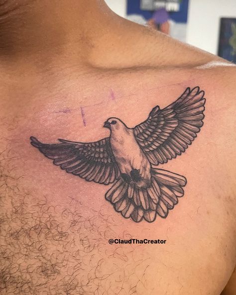 little dove for @m3.thousand 🕊️ now booking for september! // payment plans available • • • #tattoo #chesttattoo #dovetattoo #atlanta #atlantatattooartist Men Dove Tattoo, Dove On Shoulder Tattoo, Doves On Chest Tattoo, Dove Memorial Tattoo, Dove Carrying Olive Branch Tattoo, Dove With Olive Branch Tattoo, Detailed Dove Tattoo, Doves Tattoo, Small Dove Tattoos