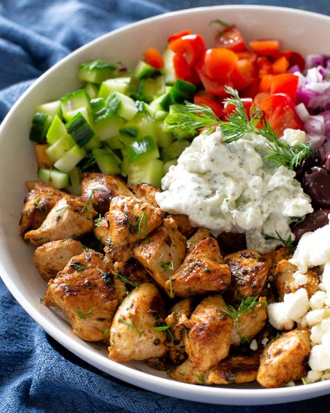 Greek Chicken Pittas, Chicken Sausage Greek Bowls, Eat Like A Girl Recipes, Greek Chicken Feta, Greek Inspired Chicken, Chicken Souvlaki Marinade With Yogurt, Low Calorie Greek Recipes, Healthy Food With Greek Yogurt, Mediterranean Bowl Recipe Chicken