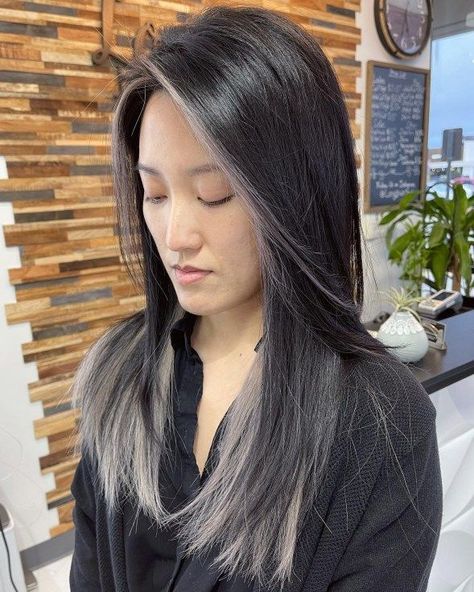 Chop It Like It's Hot: Easy Summer Hairstyles for Short Hair (#74) Asian Hair Peekaboo, Gray Blending Asian Hair, Asian Gray Hair Transition, Gray Peekaboo Hair, Asian Grey Hair, Gray Highlights On Black Hair, Asian Hair With Highlights, Asian Hair Highlights, Hair Cut For Girls