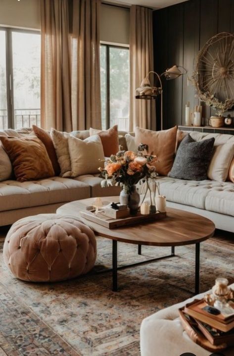 Earth Tone Contemporary Living Room, Homey Vibes Living Room, Living Room For Dark Wood Floors, Maroon Decor Living Room, Old Home Living Room Ideas, Rustic Luxe Living Room, Couch Pillow Arrangement Color Combos, Light Brown Couch Living Room Ideas Colour Schemes, Beige And Dark Brown Living Room